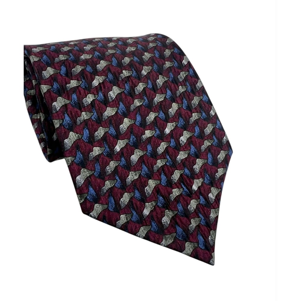 Jimmy V Tie Burgundy Blue Silver‎ Geometric Pattern Silk Blend Tie